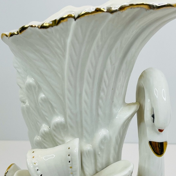 Vintage Ceramic Swan Vase About 9.75” White With Gold Accents - Picture 3 of 10